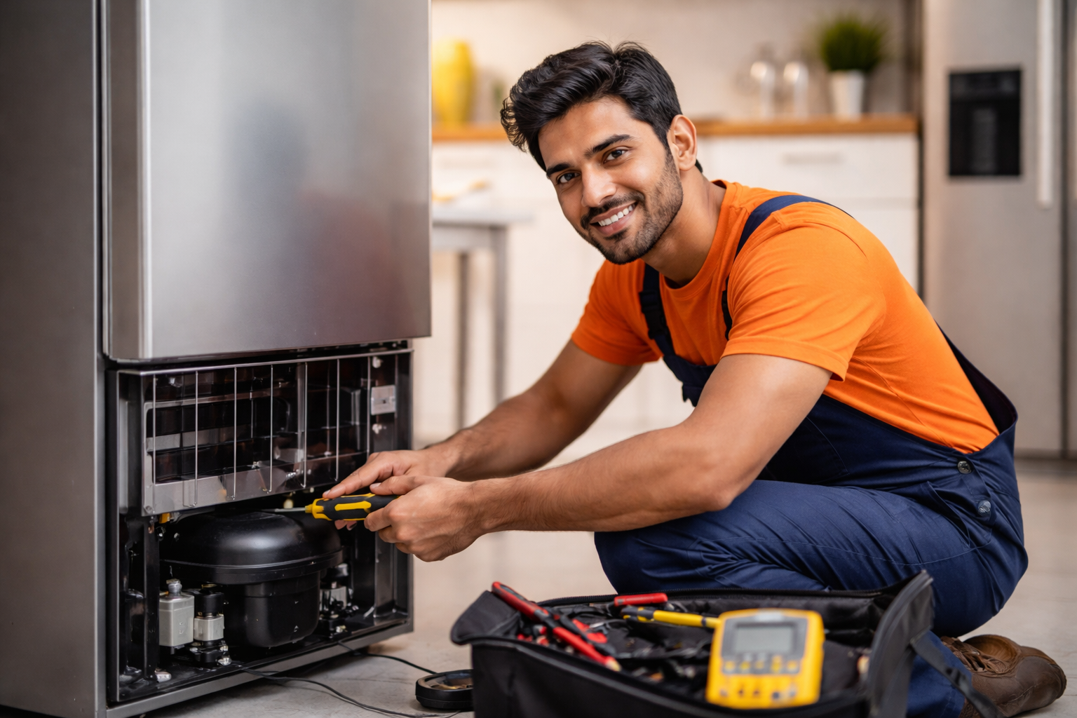 Professional home appliance repair technician at work